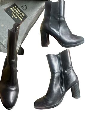 European. (Romania )Black Leather High Heel Ankle Boots - Women's Zipper Booties